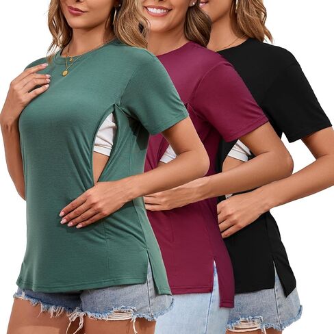 Liu & Qu Breastfeeding Shirts for Women 3 Pack Hidden Zipper Nursing Tops Side Split Postpartum Clothes in Saudi Arabia