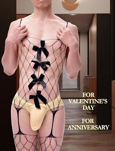 Men Lace Lingerie Sissy for Men Black Fishnet Lingerie Bodysuit Elastic One Piece Nightgown in Kuwait