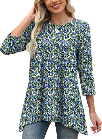 OFEEFAN Tunic Tops for Women Loose Fit Dressy 3/4 Length Sleeve Womens Tops with Asymmetrical Hem S-4XL in Saudi Arabia