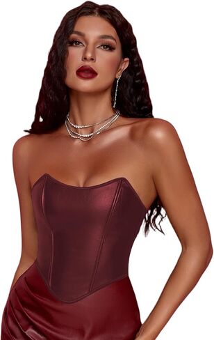 Soly Hux Women's Pu Leather Overbust Corset Bandana Tube Tops Lace Up Boned Boned Body Shaper Bustier in Kuwait