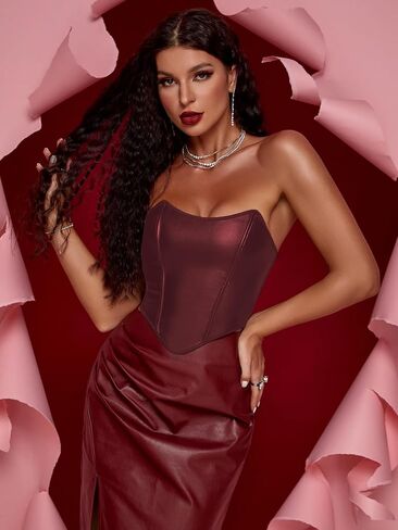 Soly Hux Women's Pu Leather Overbust Corset Bandana Tube Tops Lace Up Boned Boned Body Shaper Bustier in Kuwait