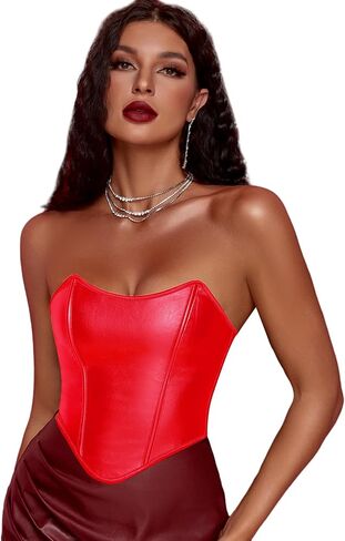 Soly Hux Women's Pu Leather Overbust Corset Bandana Tube Tops Lace Up Boned Boned Body Shaper Bustier in Kuwait