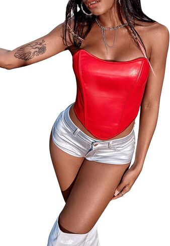 Soly Hux Women's Pu Leather Overbust Corset Bandana Tube Tops Lace Up Boned Boned Body Shaper Bustier in Kuwait
