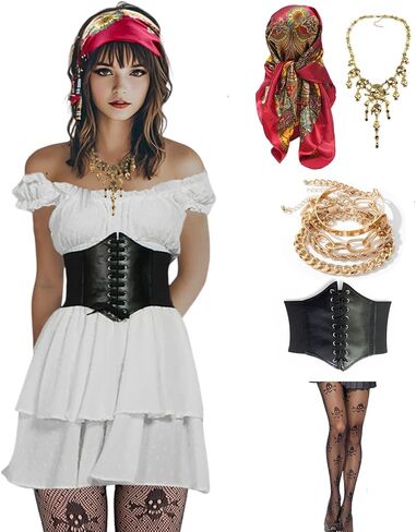 Pirate Costume Women Sexy Womens Pirate Romper Dress Outfit with Bandana Corset Accessories 6PCS in Saudi Arabia