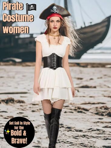 Pirate Costume Women Sexy Womens Pirate Romper Dress Outfit with Bandana Corset Accessories 6PCS in Saudi Arabia