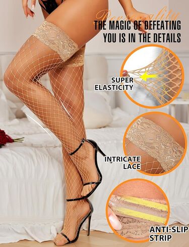 RSLOVE Lace Top Fishnet Thigh High Stockings - Sexy Stockings for Women Antiskid Silicone Stay Up Pantyhose in Kuwait
