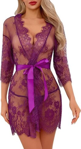 Narcisse Women's Lingerie Lace Kimono Robe Mesh Nightgown for Women Chemise Babydoll Lingerie Cover Up Sheer Robe with Belt in Kuwait