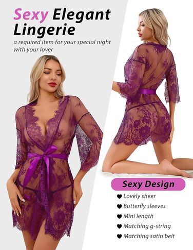 Narcisse Women's Lingerie Lace Kimono Robe Mesh Nightgown for Women Chemise Babydoll Lingerie Cover Up Sheer Robe with Belt in Kuwait