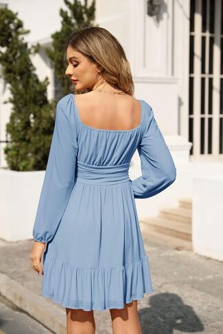 Wenrine Women's Mesh Long Sleeve Square Neck Dress High Waist A Line Ruffle Hem Flowy Casual Party Mini Dress in Saudi Arabia