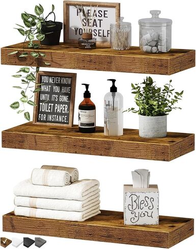 QEEIG Floating Shelves for Wall Bathroom Shelf Bedroom Kitchen Living Room Hanging Book Shelves Small Farmhouse Decor 16 inch Set of 3, Rustic Brown (015-BN3) in Saudi Arabia