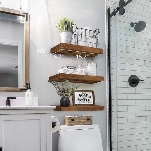 QEEIG Floating Shelves for Wall Bathroom Shelf Bedroom Kitchen Living Room Hanging Book Shelves Small Farmhouse Decor 16 inch Set of 3, Rustic Brown (015-BN3) in Saudi Arabia