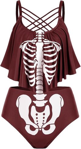 Rosegal Womens Plus Size Skeleton Print Flounce Crisscross Strappy Tankini Swimwear Set in Kuwait