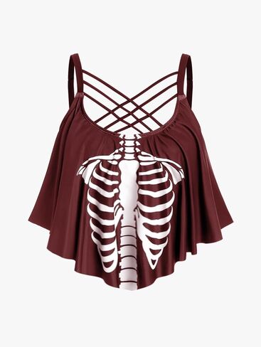 Rosegal Womens Plus Size Skeleton Print Flounce Crisscross Strappy Tankini Swimwear Set in Kuwait