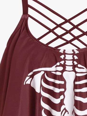 Rosegal Womens Plus Size Skeleton Print Flounce Crisscross Strappy Tankini Swimwear Set in Kuwait