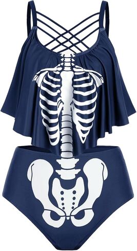 Rosegal Womens Plus Size Skeleton Print Flounce Crisscross Strappy Tankini Swimwear Set in Kuwait
