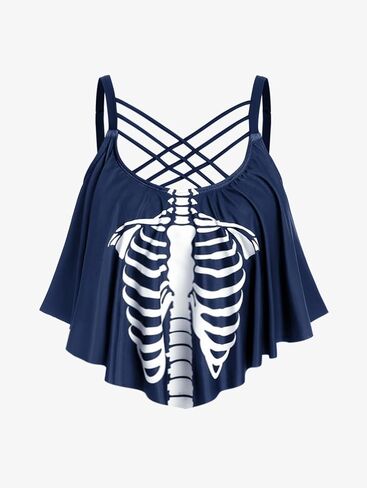 Rosegal Womens Plus Size Skeleton Print Flounce Crisscross Strappy Tankini Swimwear Set in Kuwait