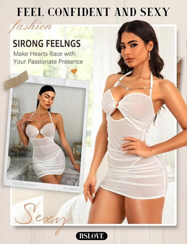 RSLOVE Women’s Lingerie Mesh Babydoll Dress - Pleated Chemise Nightgown with Adjustable Halter Neck & Chain Detail in Saudi Arabia