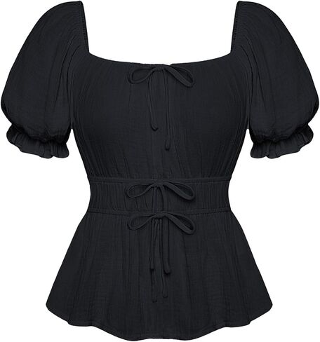Scarlet Darkness Women Tie Front Tops Renaissance Puff Sleeve Blouse Peasant Peplum Shirts in Kuwait