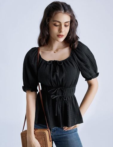 Scarlet Darkness Women Tie Front Tops Renaissance Puff Sleeve Blouse Peasant Peplum Shirts in Kuwait