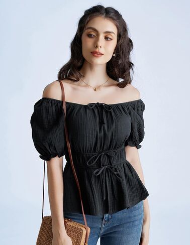 Scarlet Darkness Women Tie Front Tops Renaissance Puff Sleeve Blouse Peasant Peplum Shirts in Kuwait