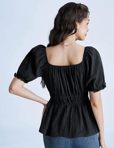 Scarlet Darkness Women Tie Front Tops Renaissance Puff Sleeve Blouse Peasant Peplum Shirts in Kuwait