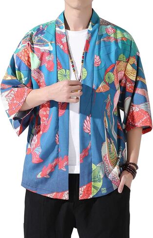 PRIJOUHE Men's Kimono Cardigan Jacket Japanese Style Flying Crane Seven Sleeves Open Front Coat in Saudi Arabia