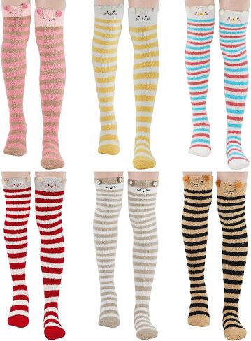 SATINIOR 6 Pairs Women's Thigh High Fuzzy Socks Cute Cartoon Over the Knee Stockings Stripe Leg Warmers for Girl Women in Saudi Arabia