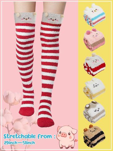 SATINIOR 6 Pairs Women's Thigh High Fuzzy Socks Cute Cartoon Over the Knee Stockings Stripe Leg Warmers for Girl Women in Saudi Arabia