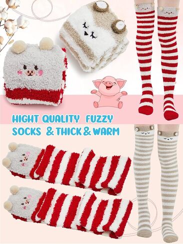 SATINIOR 6 Pairs Women's Thigh High Fuzzy Socks Cute Cartoon Over the Knee Stockings Stripe Leg Warmers for Girl Women in Saudi Arabia