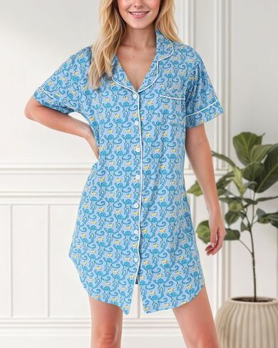 Cute Nightgown for Women Button Down Sleepshirt Comfy V Neck Short Sleeve Boyfriend Nightdress Pjs for Jammies Party in Saudi Arabia