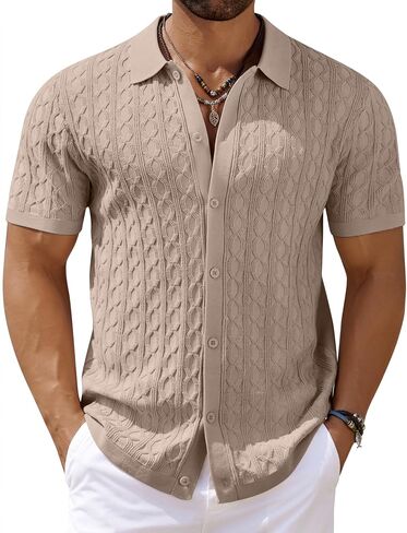 COOFANDY Men's Knit Short Sleeve Shirts Button Down Vintage Knitted Polo Shirt Casual Beach Crochet Cable Vacation Shirt in Saudi Arabia