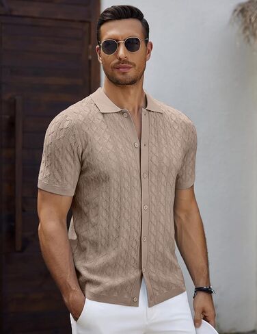 COOFANDY Men's Knit Short Sleeve Shirts Button Down Vintage Knitted Polo Shirt Casual Beach Crochet Cable Vacation Shirt in Saudi Arabia
