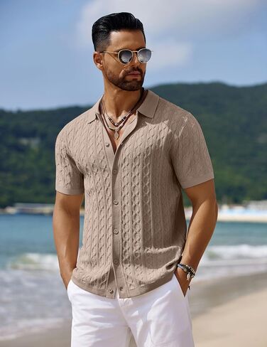 COOFANDY Men's Knit Short Sleeve Shirts Button Down Vintage Knitted Polo Shirt Casual Beach Crochet Cable Vacation Shirt in Saudi Arabia