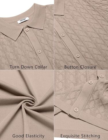 COOFANDY Men's Knit Short Sleeve Shirts Button Down Vintage Knitted Polo Shirt Casual Beach Crochet Cable Vacation Shirt in Saudi Arabia