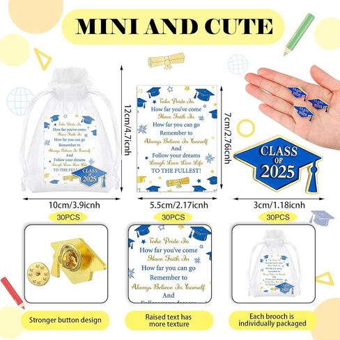 Tondiamo 30 Set Graduation Pins Bulk Class of 2025 Graduation Cap Badges Pins with Cards and Organza Bags Congrats 2025 Souvenir Gift for Student Teacher School in Saudi Arabia