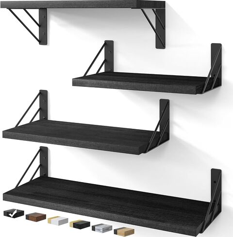 BAYKA Wall Shelves for Bedroom Decor, Floating Shelves for Wall Storage, Display Mounted Rustic Wood Shelf for Books,Plants,Corner Shelves for Bathroom,Kitchen,Living Room(Set of 4) in Saudi Arabia