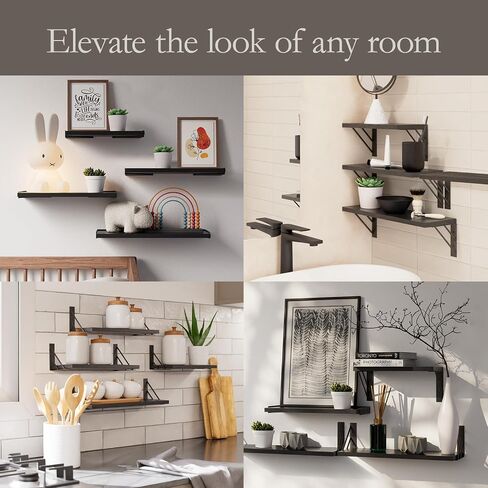 BAYKA Wall Shelves for Bedroom Decor, Floating Shelves for Wall Storage, Display Mounted Rustic Wood Shelf for Books,Plants,Corner Shelves for Bathroom,Kitchen,Living Room(Set of 4) in Saudi Arabia