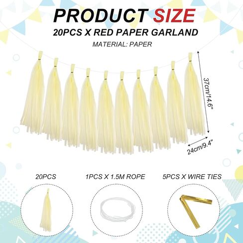 MECCANIXITY 20Pcs Tassel Garland Banner Tissue Paper for Streamers Party Decorations, Valentine's Day Birthday Decor for Women with Rope and Tie Wire (Cream White, 14.6Inch) in Saudi Arabia