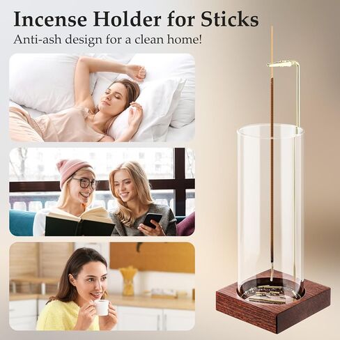 Incense Holder,Wooden Incense Holder for Sticks with 20 Incense Sticks, Anti-ash Incense Burner with Glass Ash Catcher for Meditation Yoga Spa Gift Home Decor in Kuwait