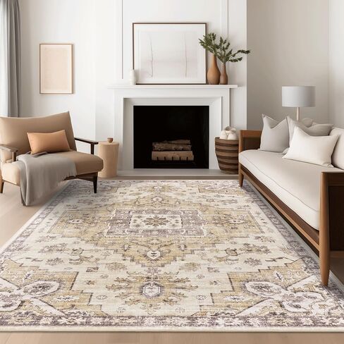 5x7 Area Rugs for Living Room, Stain Resistant Neutral Washable Rugs for Dining Rooms, Floral Vintage Non-Slip Thin Large Size Area Rug(Beige) in Saudi Arabia