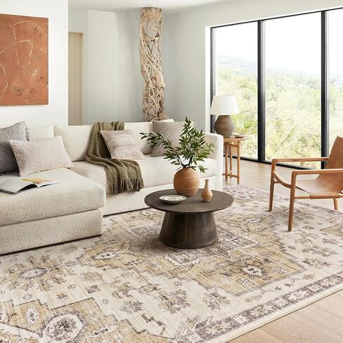 5x7 Area Rugs for Living Room, Stain Resistant Neutral Washable Rugs for Dining Rooms, Floral Vintage Non-Slip Thin Large Size Area Rug(Beige) in Saudi Arabia