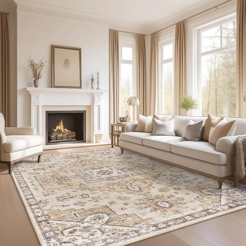 5x7 Area Rugs for Living Room, Stain Resistant Neutral Washable Rugs for Dining Rooms, Floral Vintage Non-Slip Thin Large Size Area Rug(Beige) in Saudi Arabia