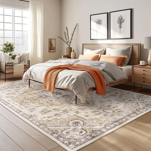 5x7 Area Rugs for Living Room, Stain Resistant Neutral Washable Rugs for Dining Rooms, Floral Vintage Non-Slip Thin Large Size Area Rug(Beige) in Saudi Arabia