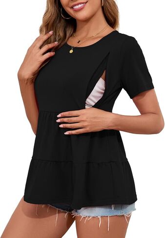 Ecavus Women's Nursing Top Short Sleeve Breastfeeding Tee with Hidden Zipper Loose Fit Maternity Tunic Pregnancy Shirt in Saudi Arabia