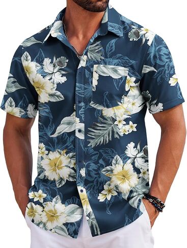 COOFANDY Mens Hawaiian Shirts Short Sleeve Tropical Button Down Shirts Floral Summer Beach Shirt in Kuwait