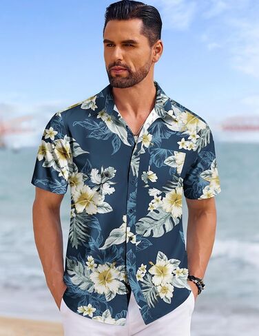 COOFANDY Mens Hawaiian Shirts Short Sleeve Tropical Button Down Shirts Floral Summer Beach Shirt in Kuwait