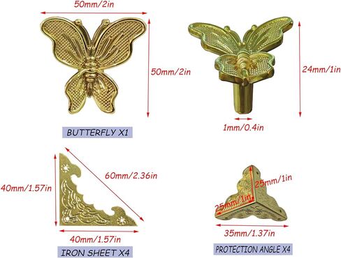 Retro Brass kit, Including Animal Handle, Corner Protector, Decorative Iron Sheet, with Screws, Suitable for DIY and Decorating Jewelry Boxes, Box not Included (Butterfly-S) in Saudi Arabia