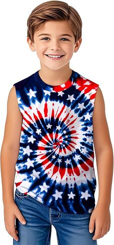 Kids Tie Dye Shirt Size 5-14 Years Sleeveless T Shirts Children Tank Tops Hippies Senior Tees for Boys Girls in Kuwait