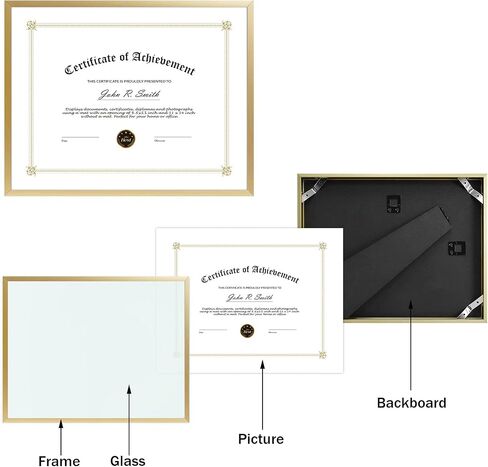 Golden State Art, 8.5x11 Aluminum Certificate Frame, Metal Diploma Frames for 8.5 x 11 Documents, Real Glass Front with Easel Stand (Gold, 1 Pack) in Saudi Arabia