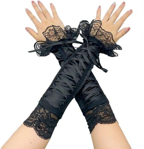 Specell Fingerless Satin Gloves Long 13" Lace Fingerless Gloves Women For Bridal Prom Wedding Party Costume Accessories Glove in Kuwait